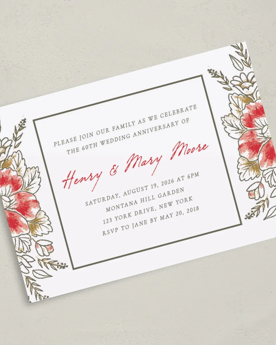 This is a 5" x 7" Anniversary Invitation called Blessed Blooms printed in full color on Premium Smooth paper