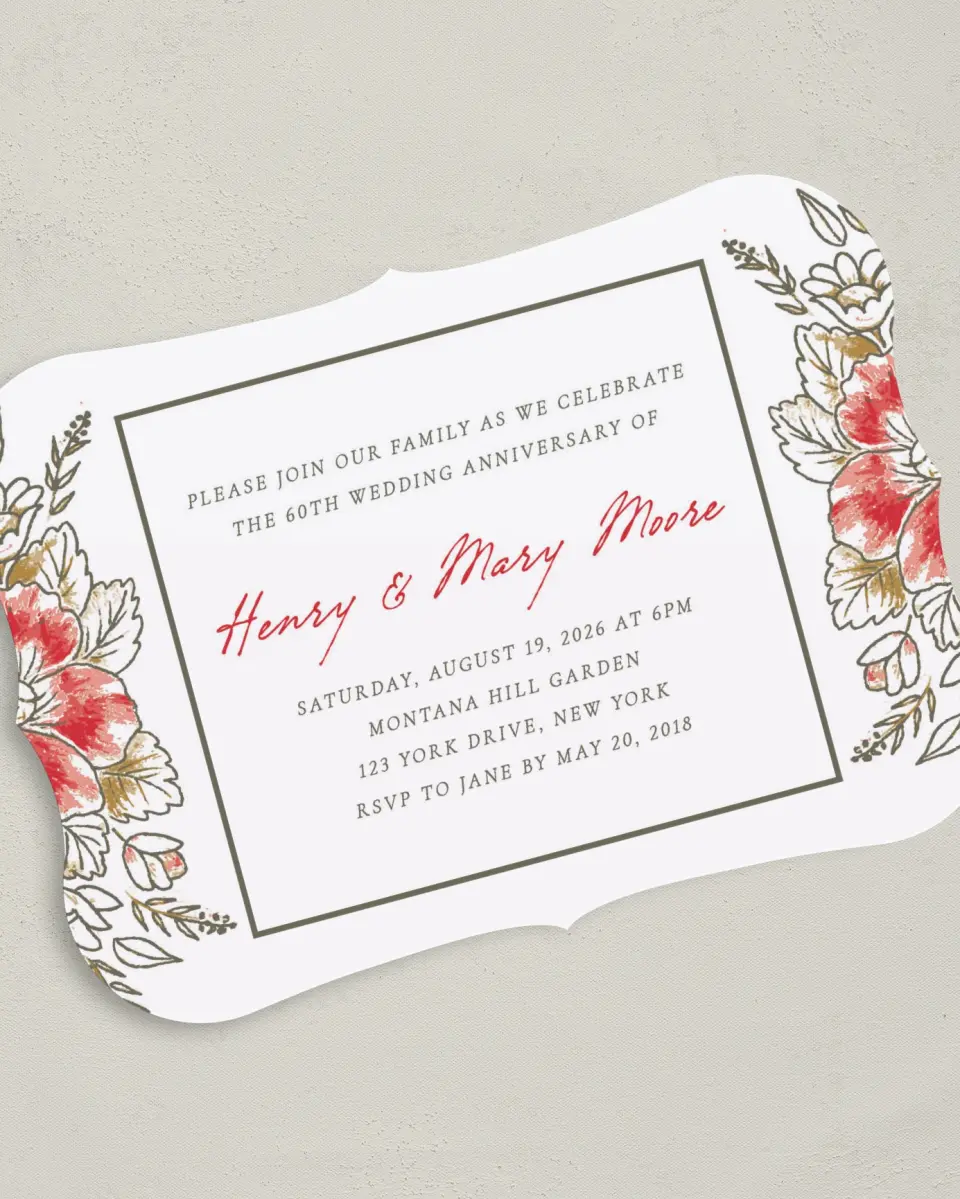 This is a 5" x 7" Anniversary Invitation called Blessed Blooms printed in full color on Premium Smooth paper