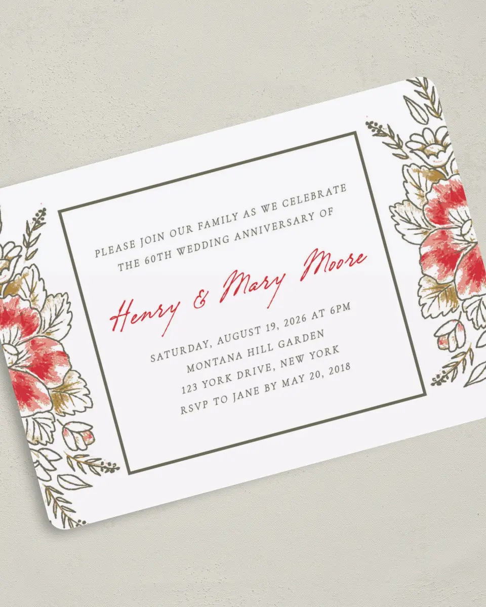 This is a 5" x 7" Anniversary Invitation called Blessed Blooms printed in full color with Silver foil on Luxe Satin (coated) paper