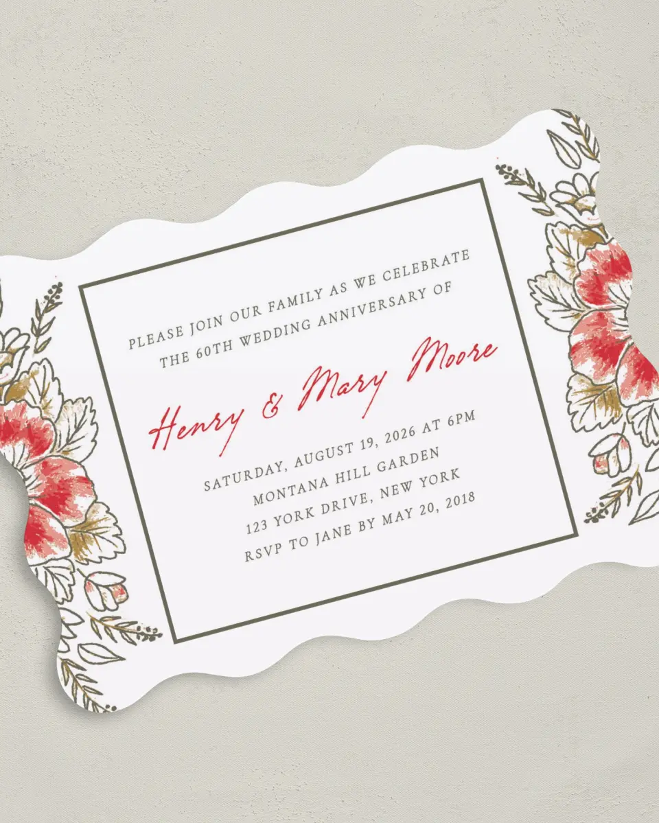 This is a 5" x 7" Anniversary Invitation called Blessed Blooms printed in full color with Silver foil on Luxe Satin (coated) paper