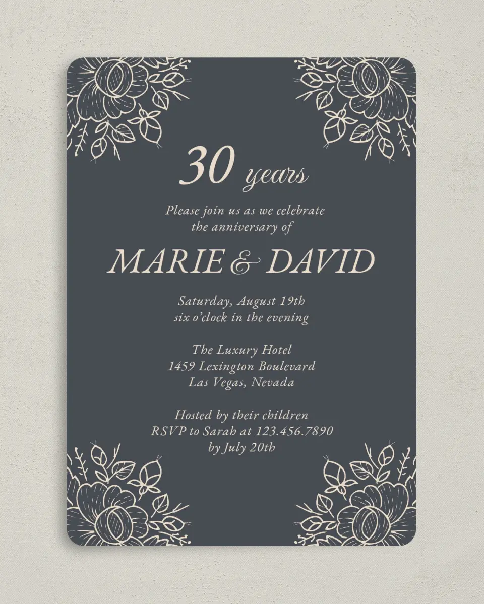 This is a 5" x 7" Anniversary Invitation called Anniversary Bouquet printed in full color with Silver foil on Luxe Satin (coated) paper