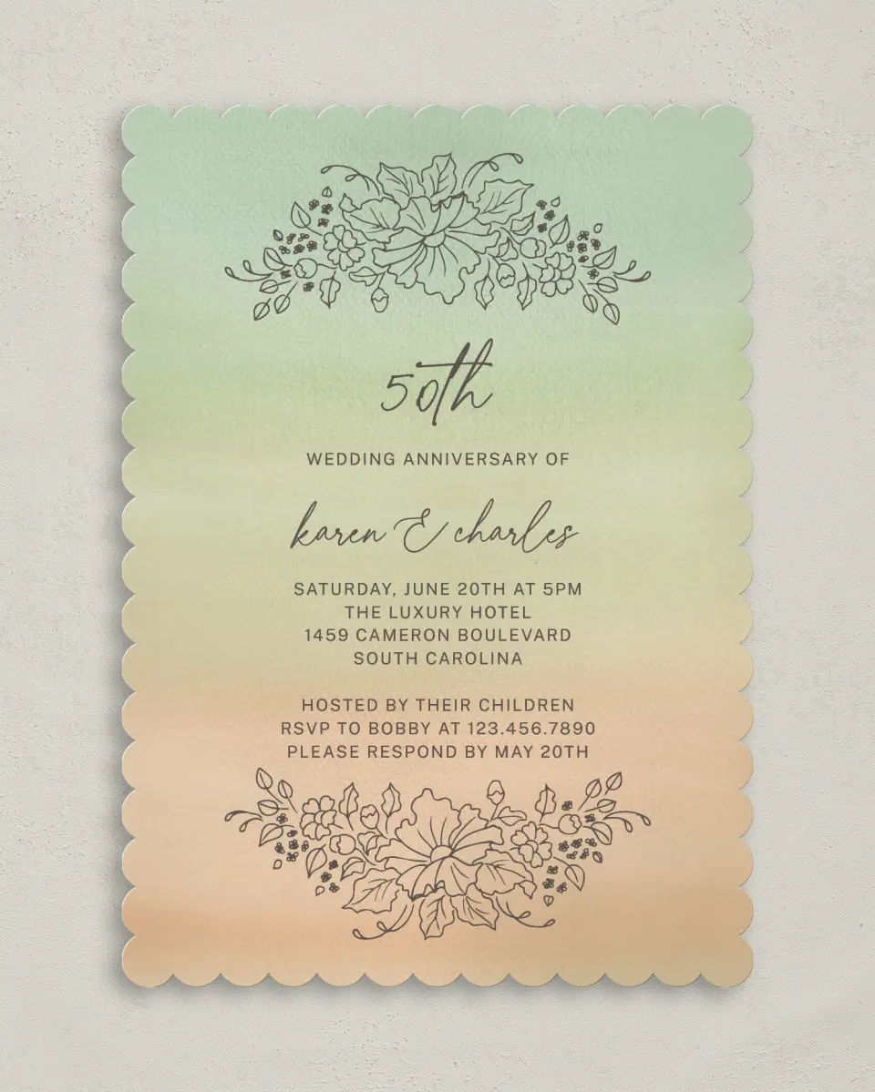 This is a 5" x 7" Anniversary Invitation called Wonderful Years printed in full color on Premium Smooth paper