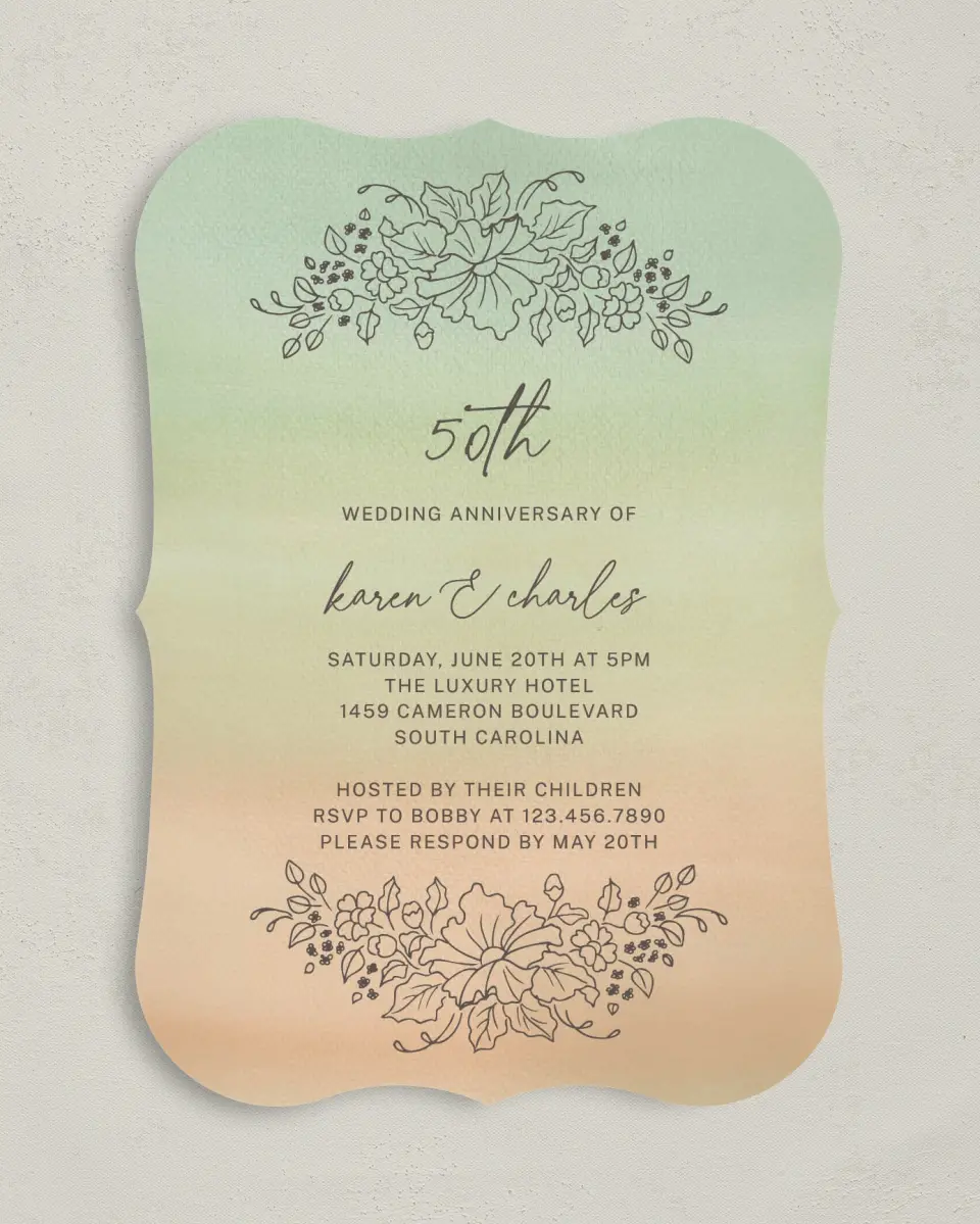 This is a 5" x 7" Anniversary Invitation called Wonderful Years printed in full color on Premium Smooth paper