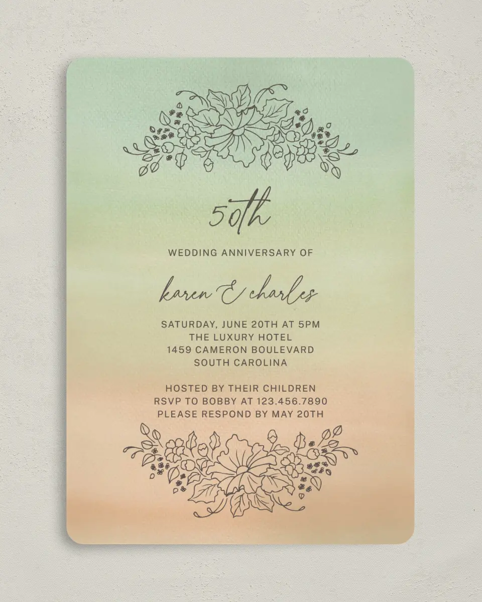This is a 5" x 7" Anniversary Invitation called Wonderful Years printed in full color on Premium Smooth paper