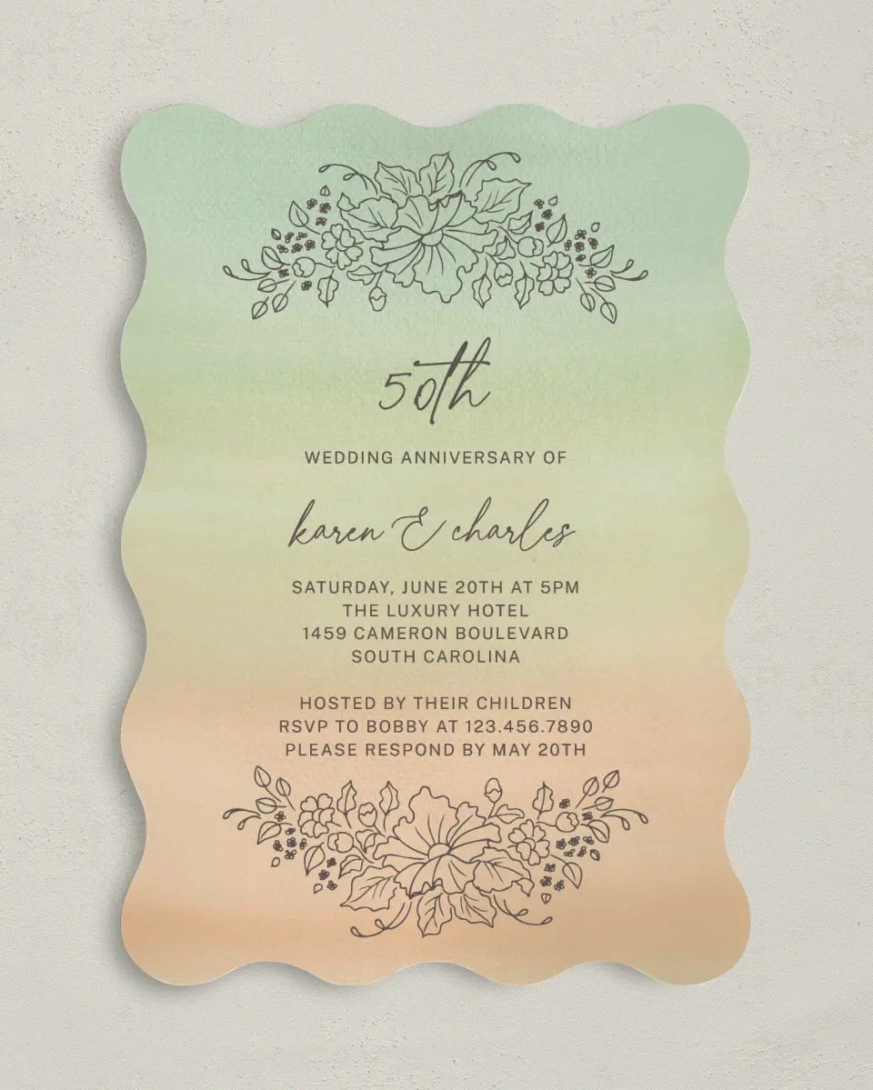 This is a 5" x 7" Anniversary Invitation called Wonderful Years printed in full color on Premium Smooth paper