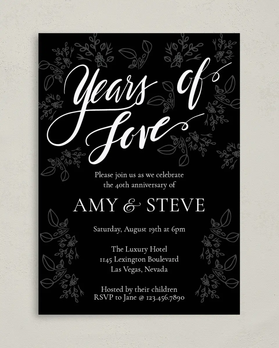 This is a 5" x 7" Anniversary Invitation called Years of Love printed in full color on Premium Smooth paper