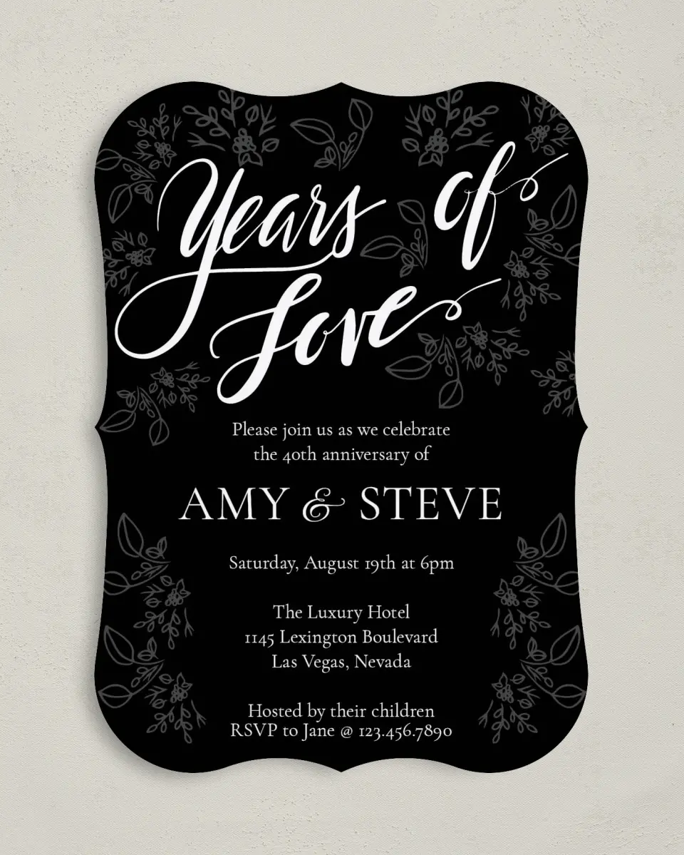 This is a 5" x 7" Anniversary Invitation called Years of Love printed in full color on Premium Smooth paper