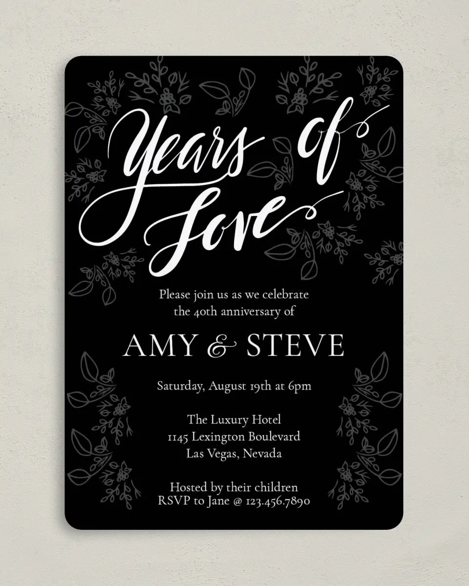 This is a 5" x 7" Anniversary Invitation called Years of Love printed in full color on Premium Smooth paper