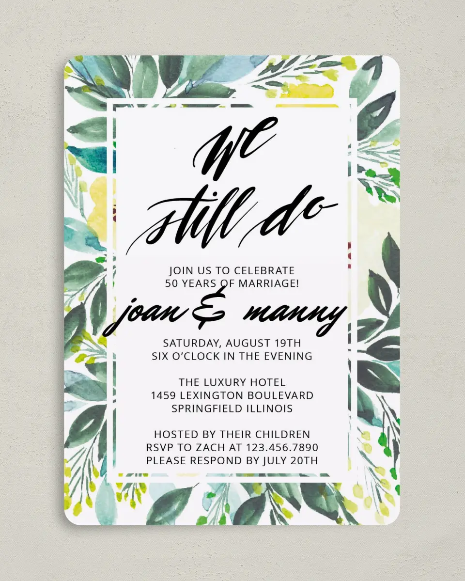 This is a 5" x 7" Anniversary Invitation called Our Forever Vow printed in full color with Silver foil on Luxe Satin (coated) paper
