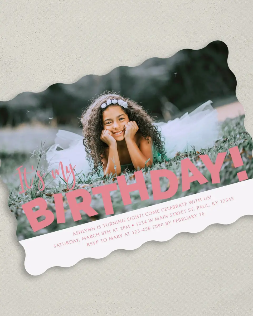 This is a 5" x 7" Birthday Party Invitation called Birthday Bash printed in full color on Premium Smooth paper