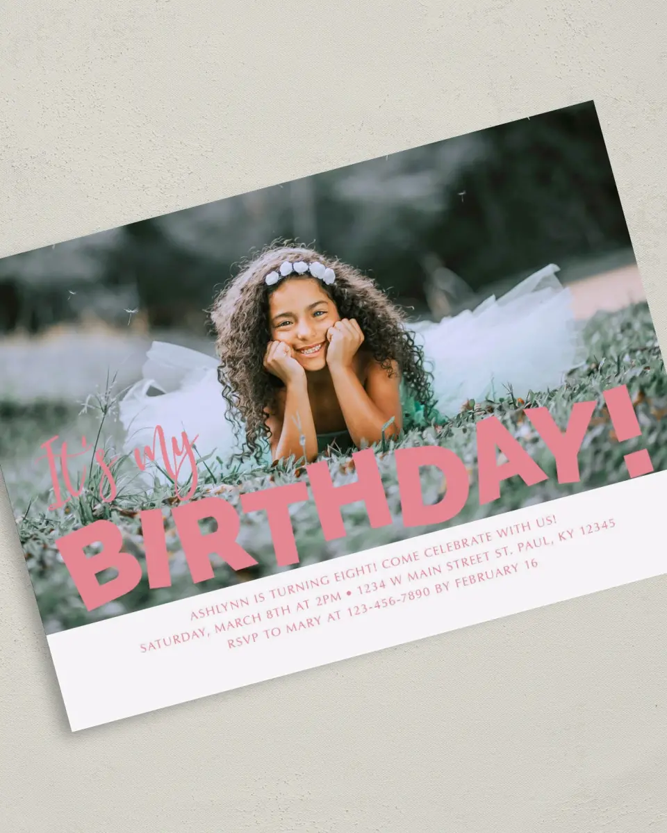 This is a 5" x 7" Birthday Party Invitation called Birthday Bash printed in full color on Premium Smooth paper