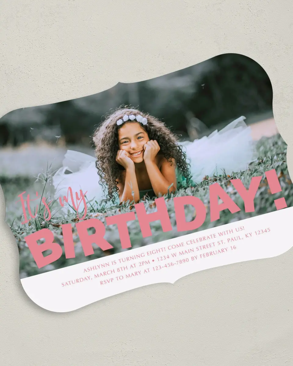 This is a 5" x 7" Birthday Party Invitation called Birthday Bash printed in full color with Gold foil on Luxe Satin (coated) paper