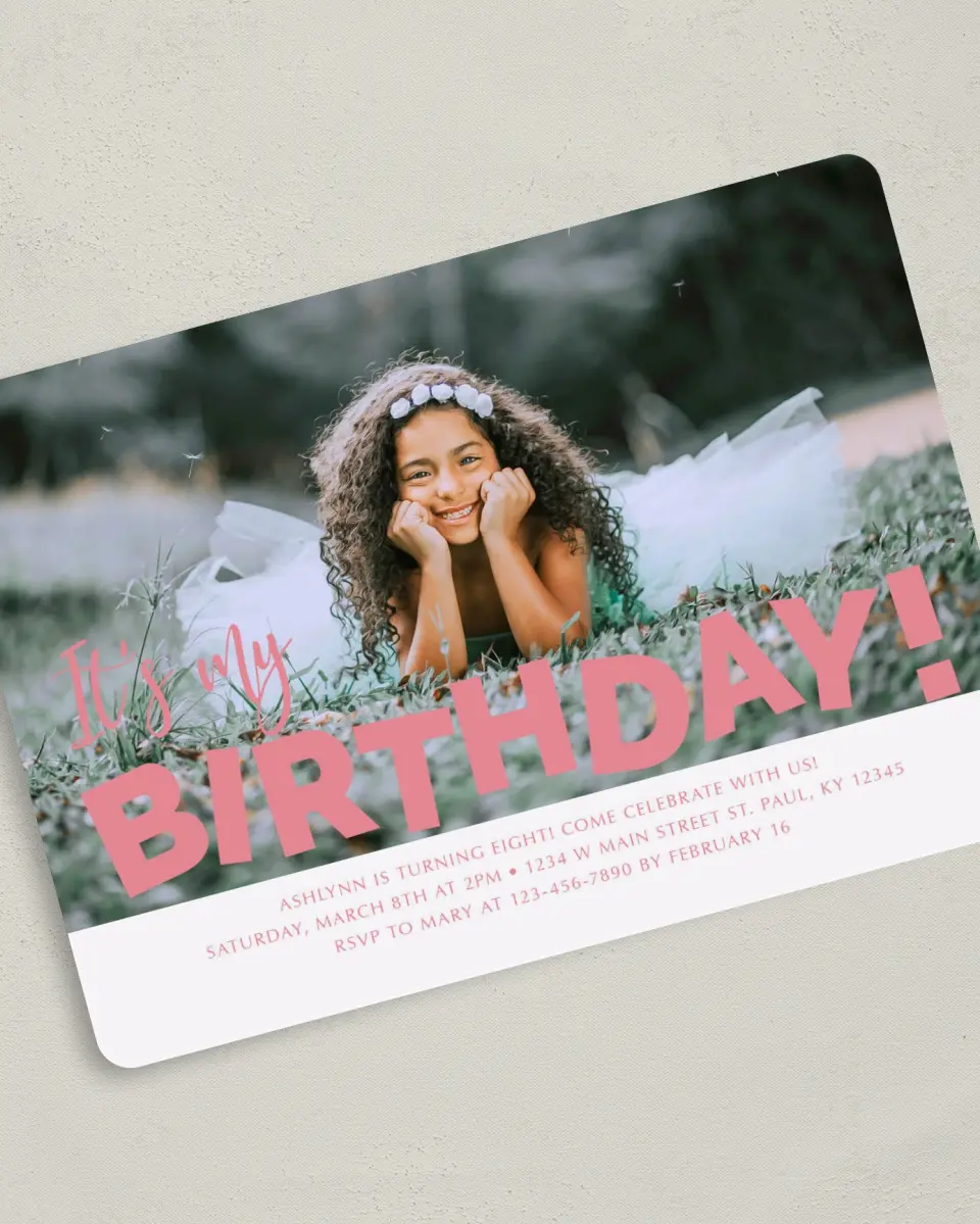 This is a 5" x 7" Birthday Party Invitation called Birthday Bash printed in full color on Premium Smooth paper