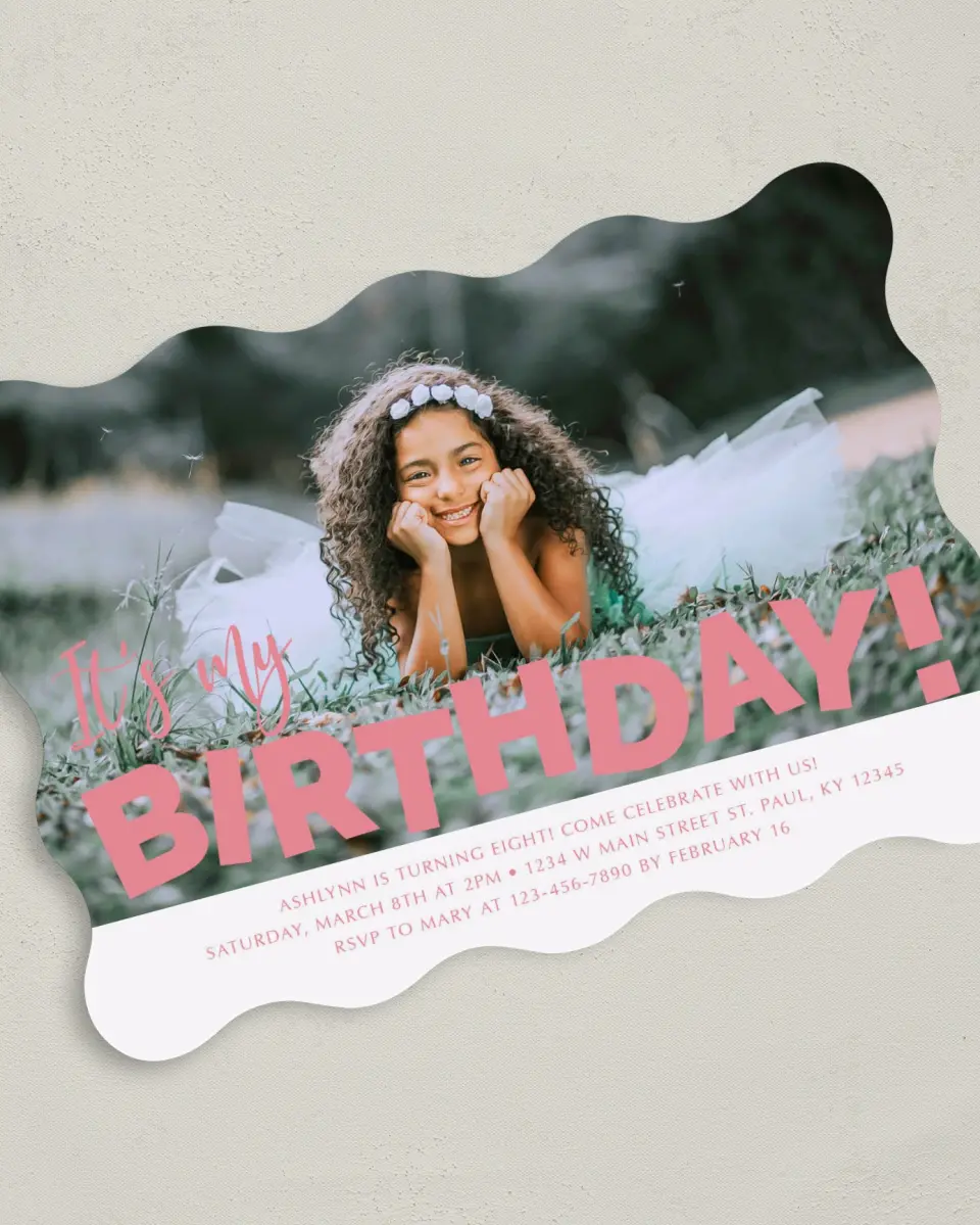 This is a 5" x 7" Birthday Party Invitation called Birthday Bash printed in full color on Premium Smooth paper