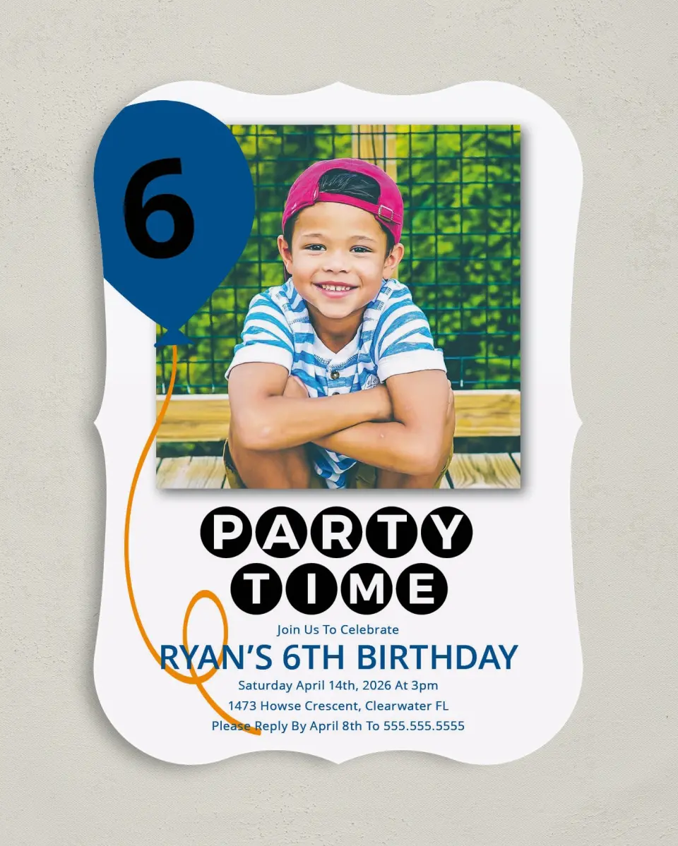 This is a 5" x 7" Birthday Party Invitation called Balloon Bash printed in full color on Premium Smooth paper