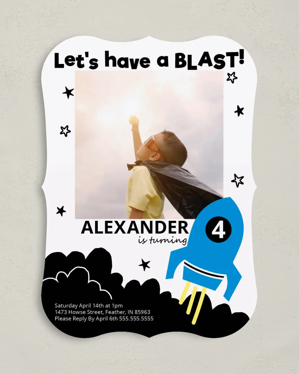 This is a 5" x 7" Birthday Party Invitation called Birthday Blast Off printed in full color with Gold foil on Luxe Satin (coated) paper
