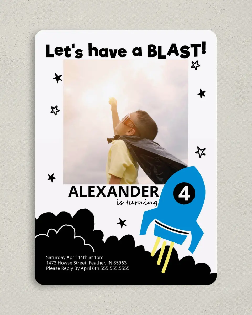 This is a 5" x 7" Birthday Party Invitation called Birthday Blast Off printed in full color on Premium Smooth paper