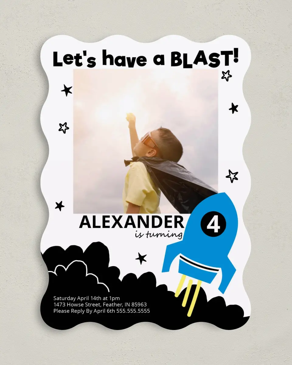 This is a 5" x 7" Birthday Party Invitation called Birthday Blast Off printed in full color on Premium Smooth paper
