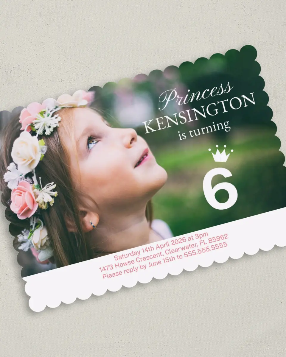 This is a 5" x 7" Birthday Party Invitation called Royal Whimsy printed in full color on Premium Smooth paper