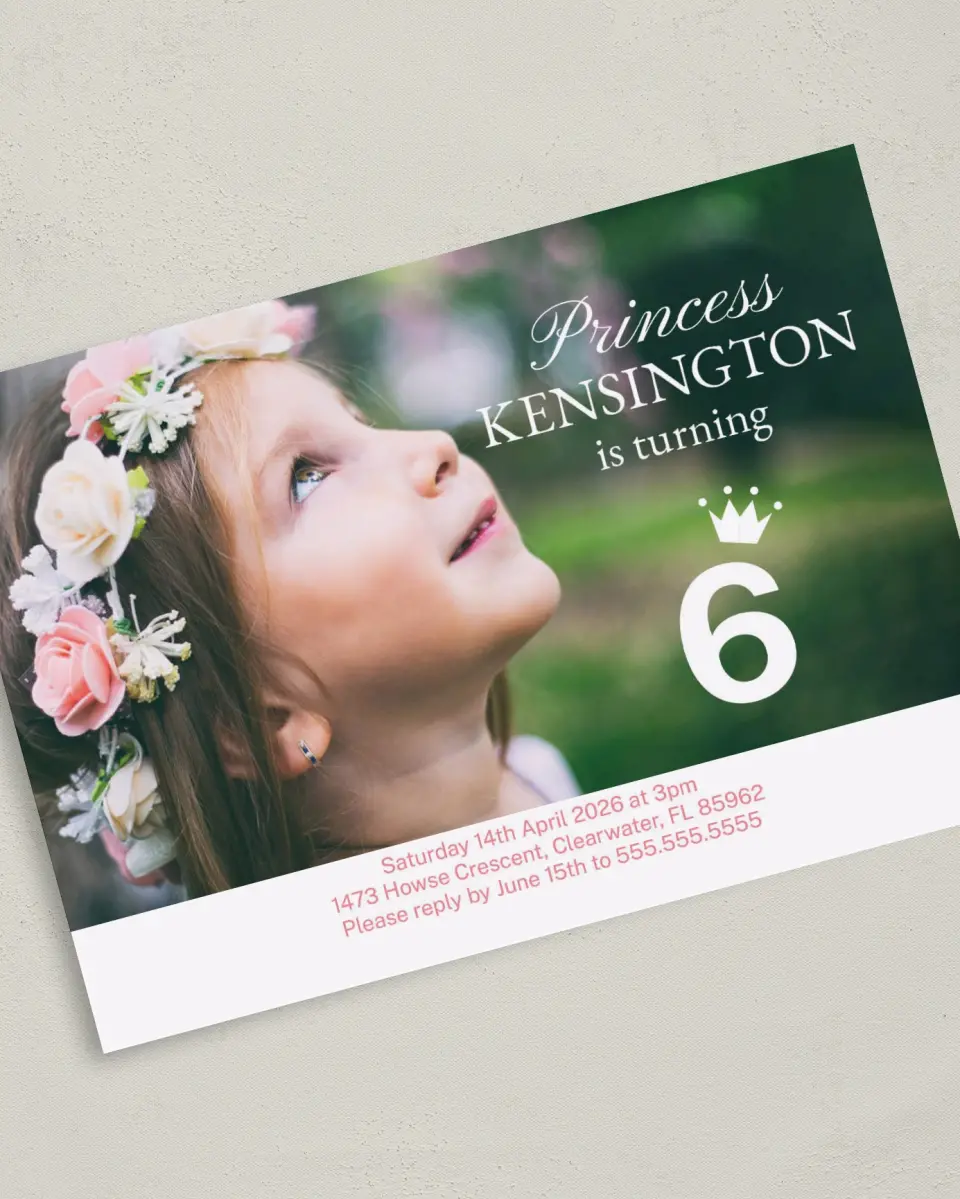 This is a 5" x 7" Birthday Party Invitation called Royal Whimsy printed in full color on Premium Smooth paper