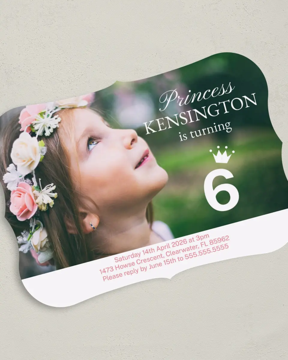 This is a 5" x 7" Birthday Party Invitation called Royal Whimsy printed in full color with Gold foil on Luxe Satin (coated) paper