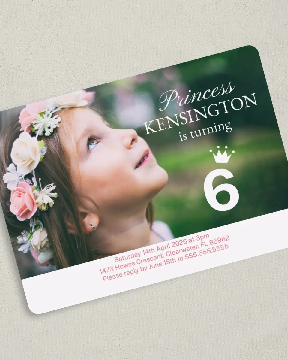 This is a 5" x 7" Birthday Party Invitation called Royal Whimsy printed in full color on Premium Smooth paper