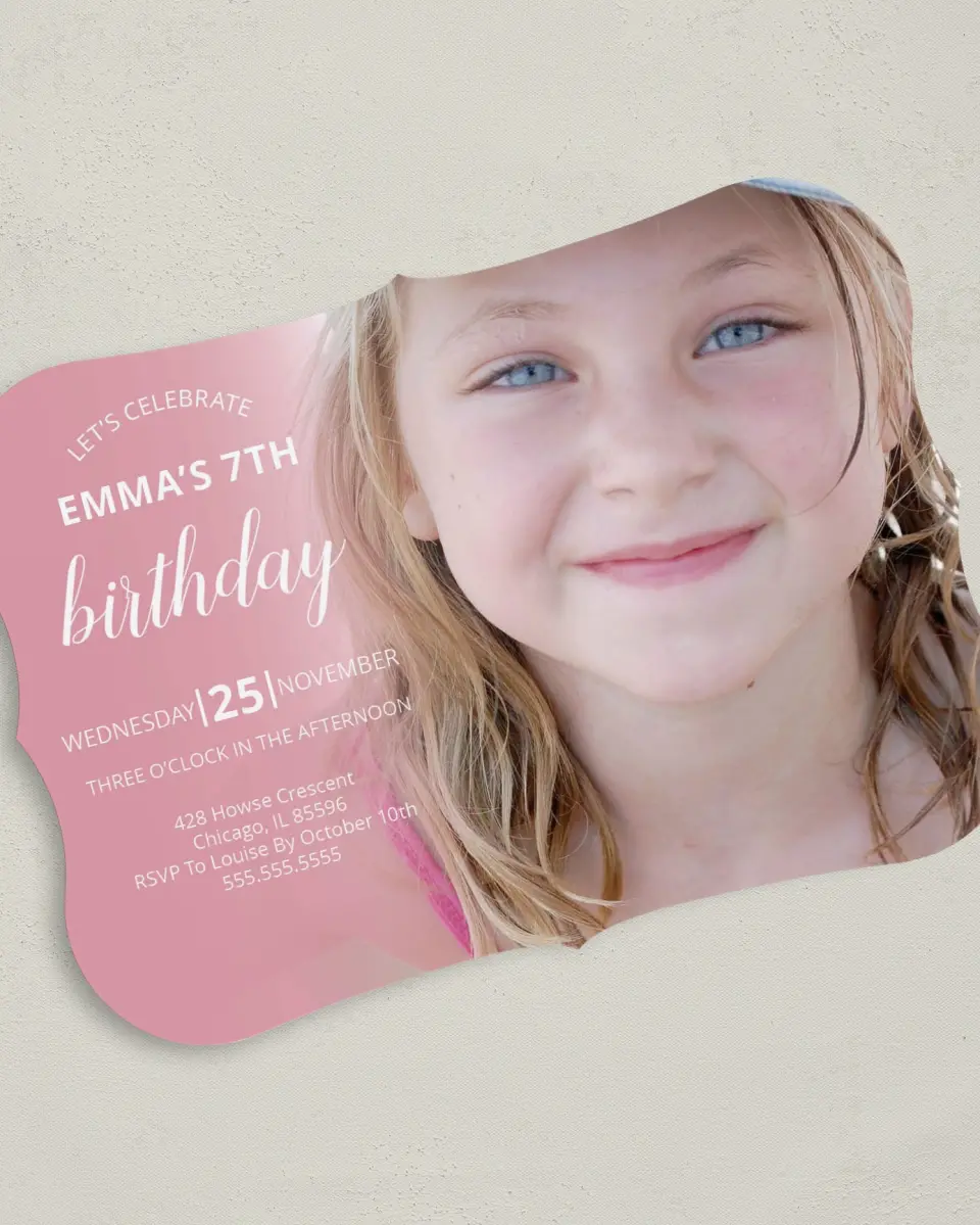 This is a 5" x 7" Birthday Party Invitation called Birthday Charm printed in full color with Gold foil on Luxe Satin (coated) paper