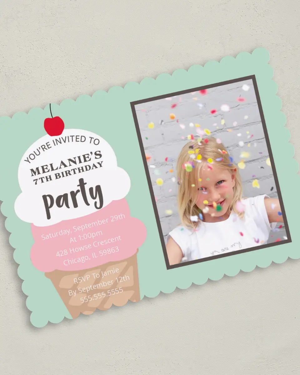 This is a 5" x 7" Birthday Party Invitation called Ice Cream Party printed in full color on Premium Smooth paper