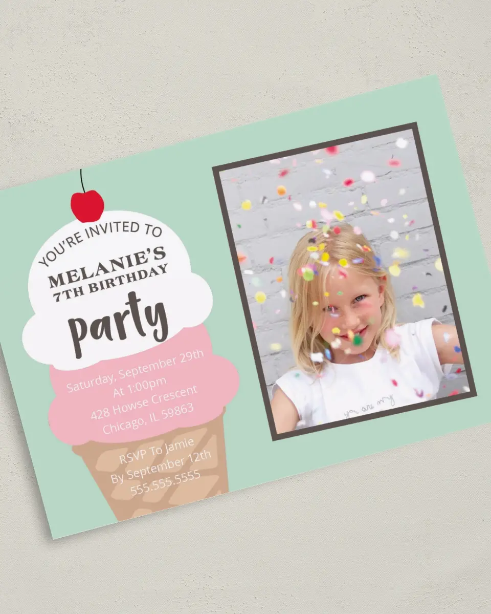This is a 5" x 7" Birthday Party Invitation called Ice Cream Party printed in full color on Premium Smooth paper