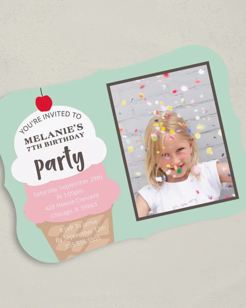 This is a 5" x 7" Birthday Party Invitation called Ice Cream Party printed in full color with Gold foil on Luxe Satin (coated) paper