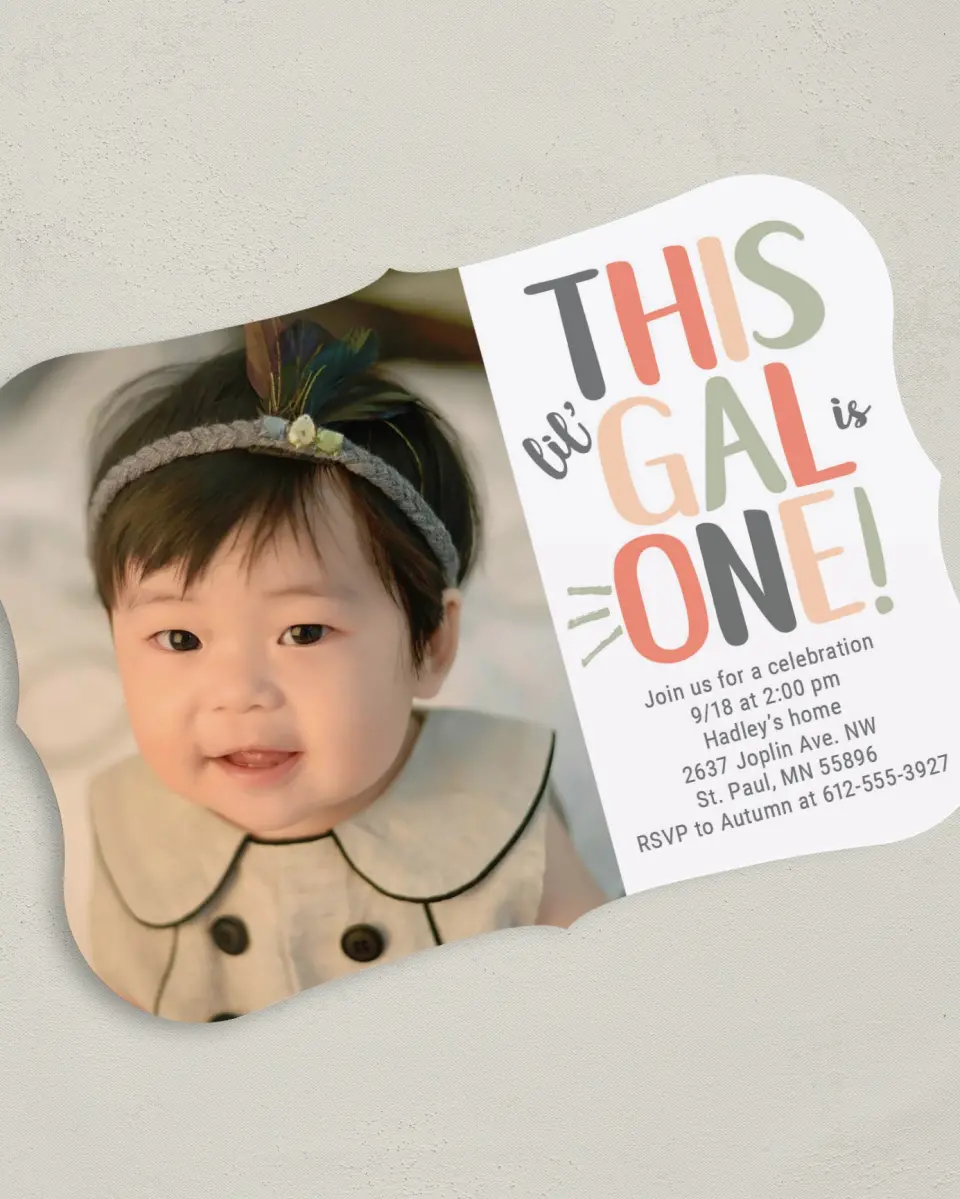 This is a 5" x 7" Birthday Party Invitation called Sweet Lil' Gal printed in full color with Gold foil on Luxe Satin (coated) paper