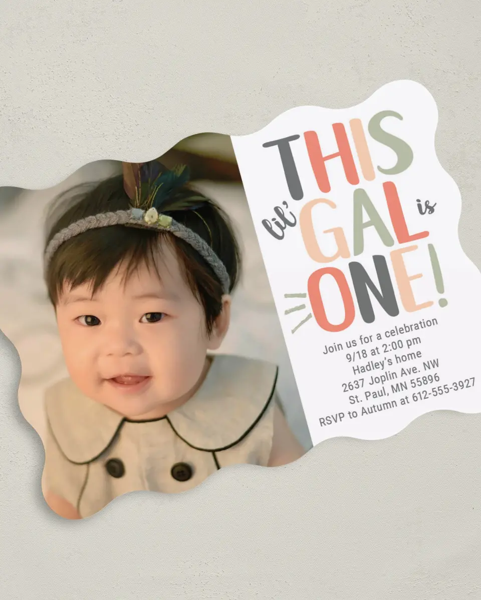 This is a 5" x 7" Birthday Party Invitation called Sweet Lil' Gal printed in full color with Gold foil on Luxe Satin (coated) paper