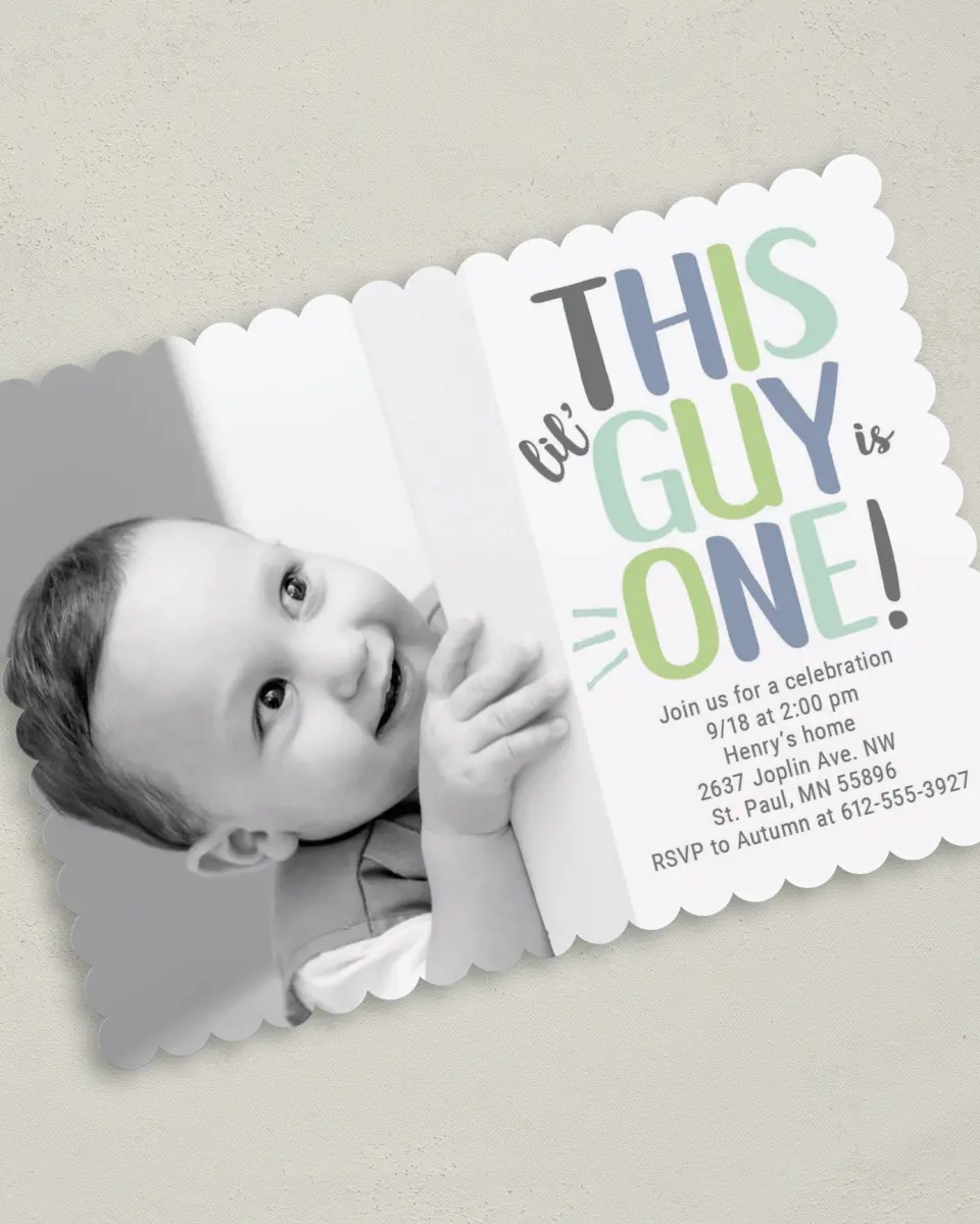 This is a 5" x 7" Birthday Party Invitation called Dapper Lil' Guy printed in full color on Premium Smooth paper