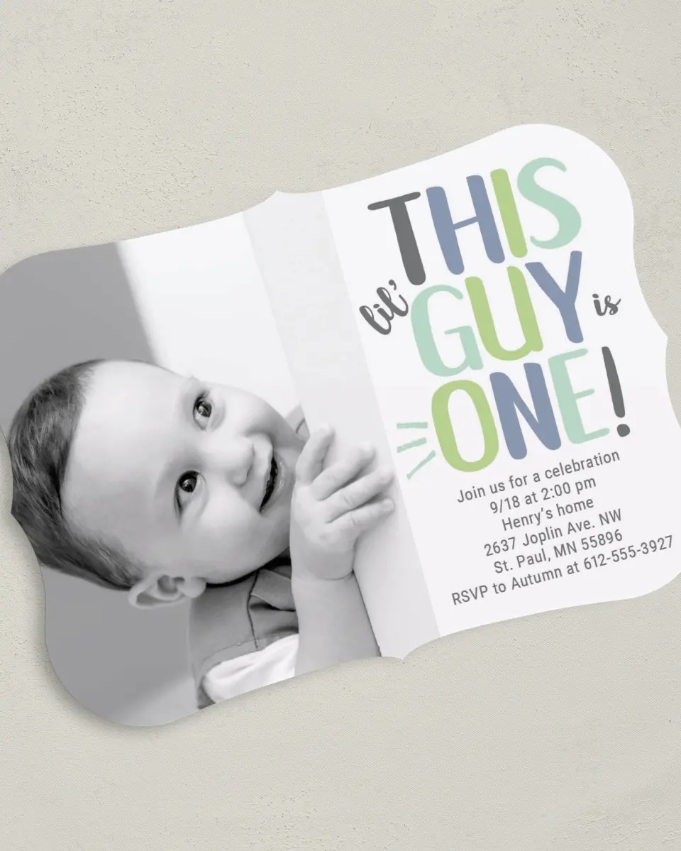 This is a 5" x 7" Birthday Party Invitation called Dapper Lil' Guy printed in full color with Gold foil on Luxe Satin (coated) paper
