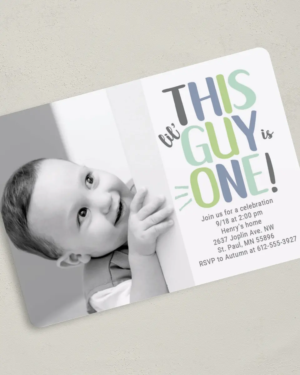 This is a 5" x 7" Birthday Party Invitation called Dapper Lil' Guy printed in full color on Premium Smooth paper