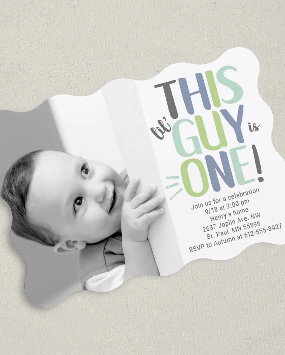 This is a 5" x 7" Birthday Party Invitation called Dapper Lil' Guy printed in full color on Premium Smooth paper