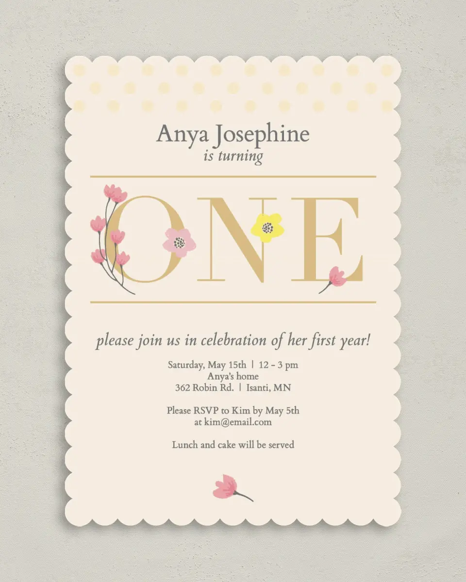 This is a 5" x 7" Birthday Party Invitation called Floral One printed in full color on Premium Smooth paper