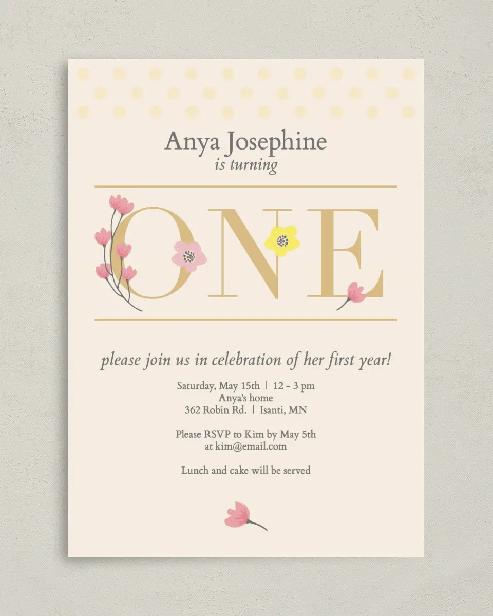 This is a 5" x 7" Birthday Party Invitation called Floral One printed in full color on Premium Smooth paper