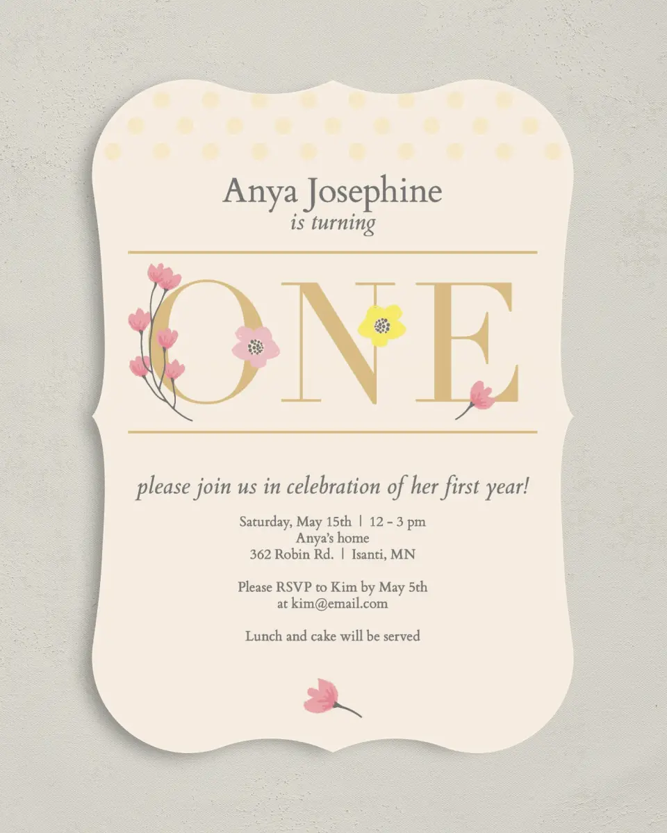 This is a 5" x 7" Birthday Party Invitation called Floral One printed in full color with Gold foil on Luxe Satin (coated) paper