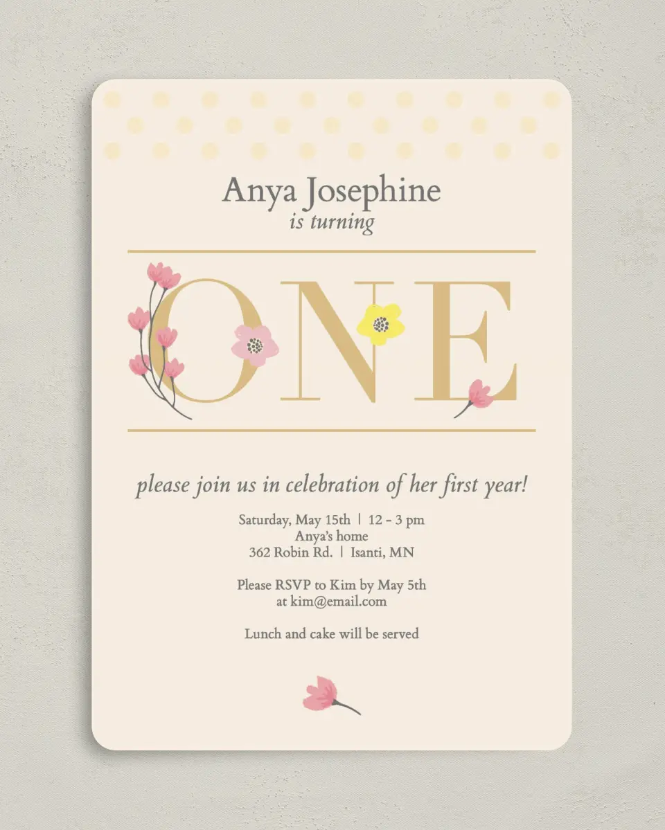 This is a 5" x 7" Birthday Party Invitation called Floral One printed in full color on Premium Smooth paper
