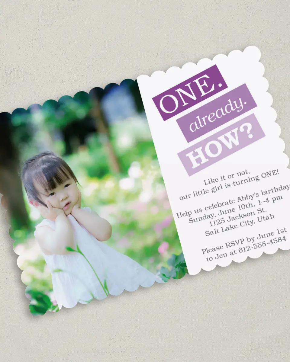 This is a 5" x 7" Birthday Party Invitation called Turning One! printed in full color on Premium Smooth paper