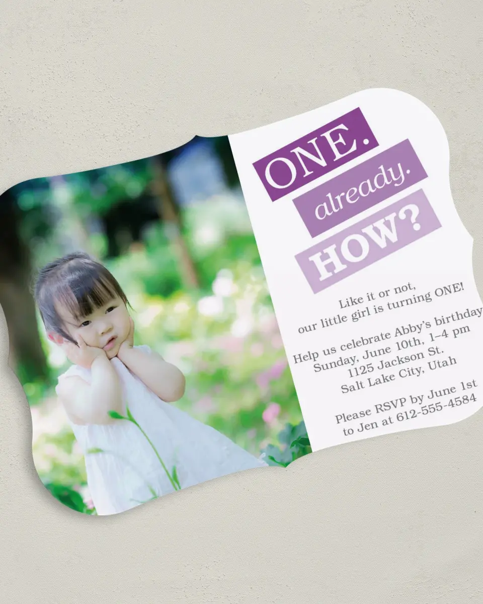 This is a 5" x 7" Birthday Party Invitation called Turning One! printed in full color with Gold foil on Luxe Satin (coated) paper