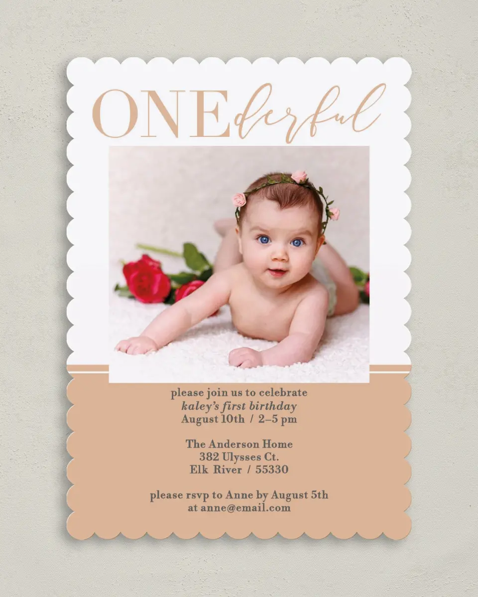 This is a 5" x 7" Birthday Party Invitation called Onederful Wish printed in full color on Premium Smooth paper