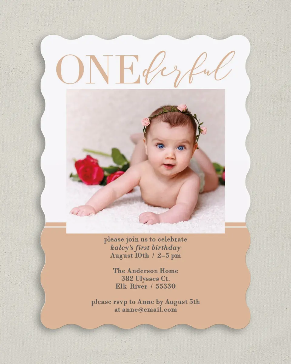This is a 5" x 7" Birthday Party Invitation called Onederful Wish printed in full color on Premium Smooth paper