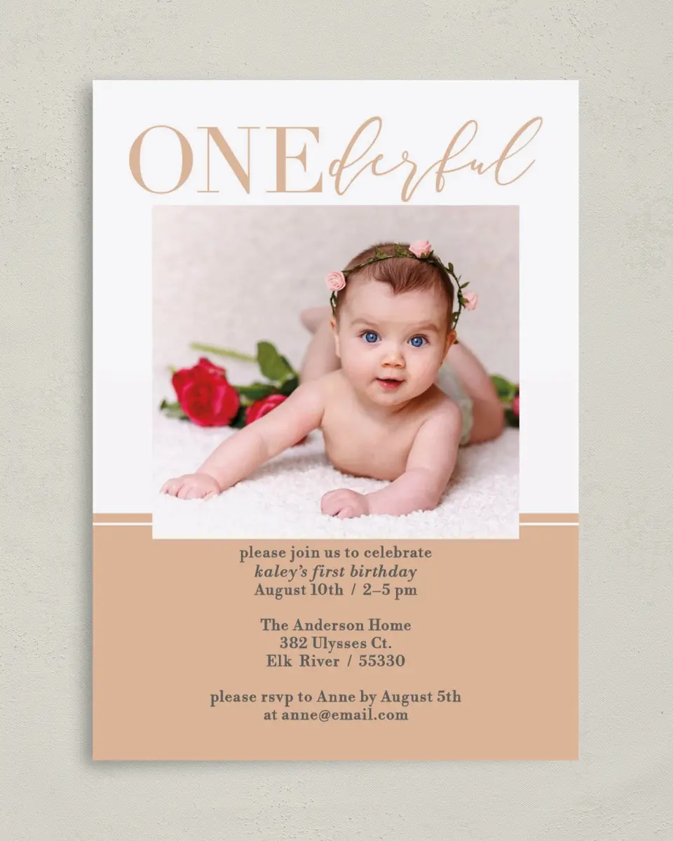 This is a 5" x 7" Birthday Party Invitation called Onederful Wish printed in full color on Premium Smooth paper