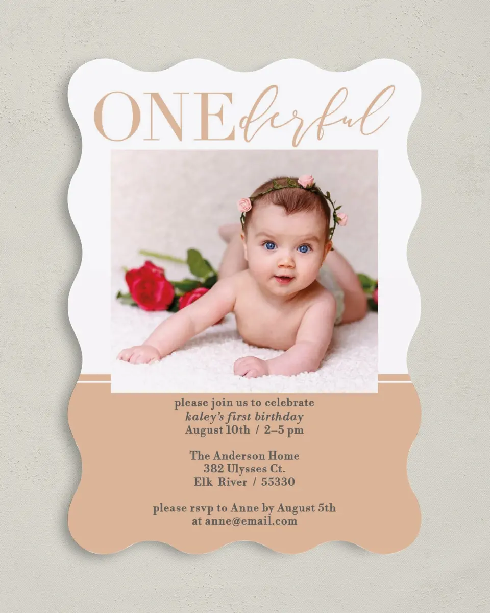 This is a 5" x 7" Birthday Party Invitation called Onederful Wish printed in full color on Premium Smooth paper