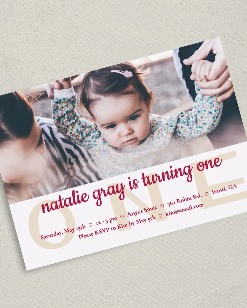 This is a 5" x 7" Birthday Party Invitation called Sweetly One printed in full color on Premium Smooth paper