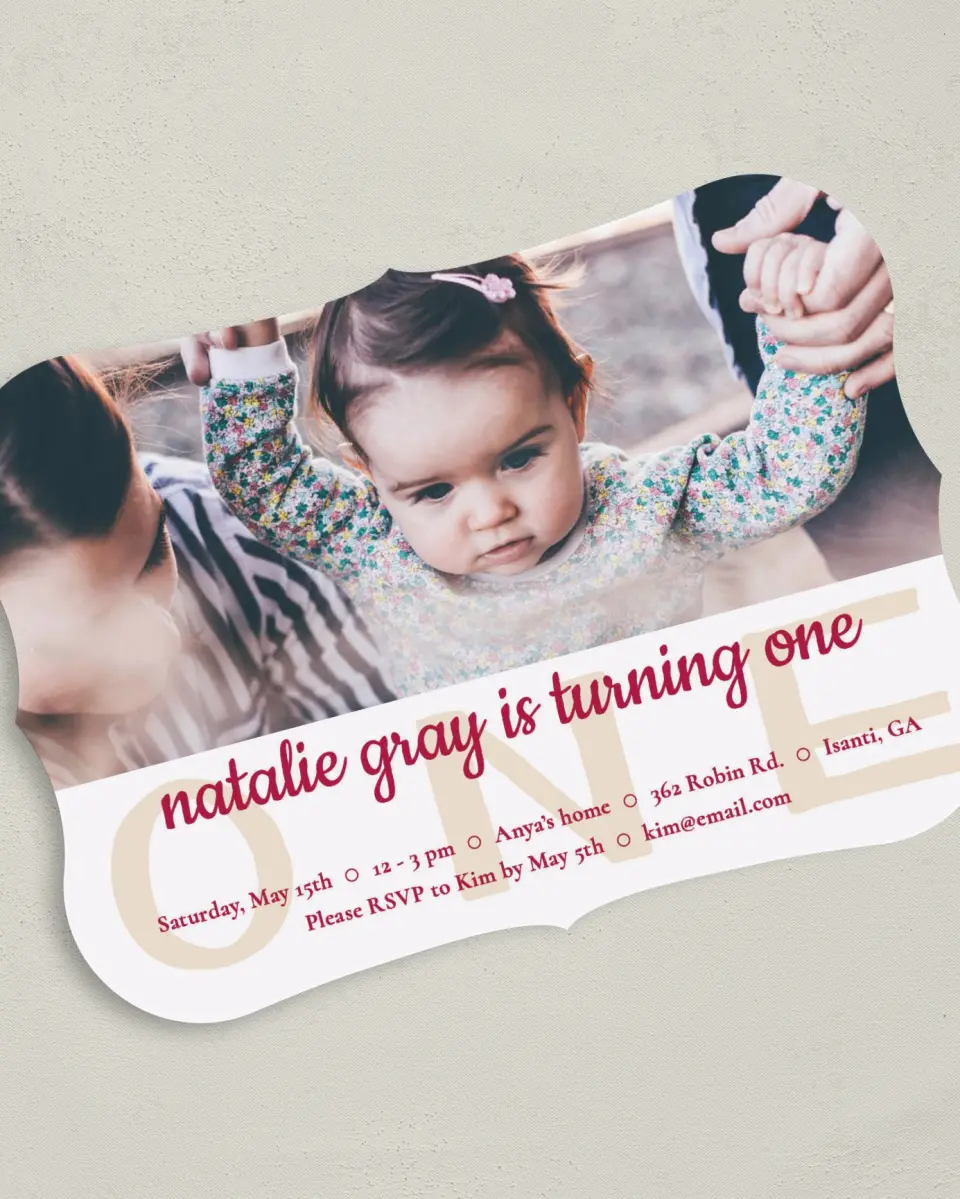 This is a 5" x 7" Birthday Party Invitation called Sweetly One printed in full color with Gold foil on Luxe Satin (coated) paper