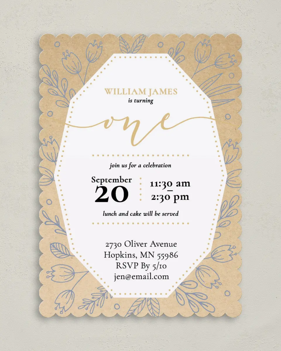 This is a 5" x 7" Birthday Party Invitation called Whimsical One printed in full color on Premium Smooth paper