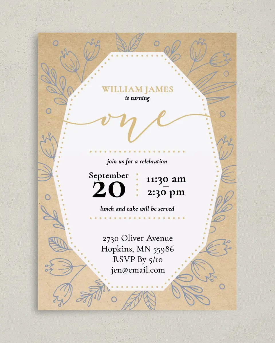 This is a 5" x 7" Birthday Party Invitation called Whimsical One printed in full color on Premium Smooth paper